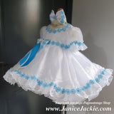 (#1303) Sleeve lace baby doll natural (no stones/low stones) pageant dress (white + blue trimming) / 3~4 weeks production (*Without necklace)