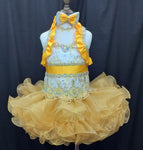 (#176A) halter flat glitz pageant dress. (gold yellow)