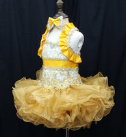 (#176A) halter flat glitz pageant dress. (gold yellow)
