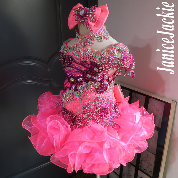 pink glitz pageant dresses (#1244) Off shoulder flat glitz national pageant dress. (white + blue + pink) / 3 ~ 4 weeks production (*Without necklace)